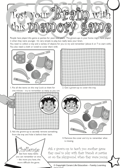 Brain memory game - activity sheet