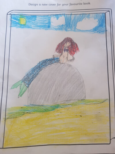 Drawing of The Little Mermaid on a rock, by Keava