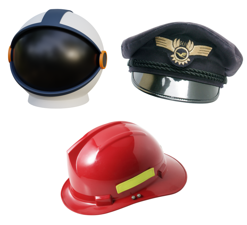 astronaut helmet, pilot hat, fireman hat